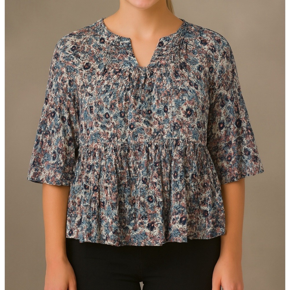 Lucky Brand Womens Size 2X Floral PulloverPeasant Babydoll Top Boho Bell Sleeves